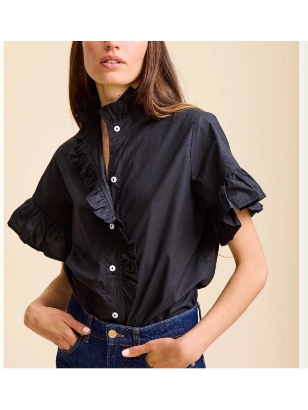 MILLE Vanessa Top in Black Size Large L Ruffle Front Ruffle Neck Preppy $196